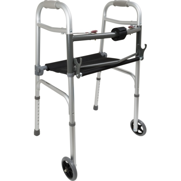 ProBasics Two-Button Folding Walker with Wheels and Roll-Up Seat [WKAAW2BST]