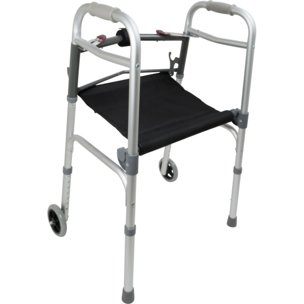 ProBasics Two-Button Folding Walker with Wheels and Roll-Up Seat [WKAAW2BST]